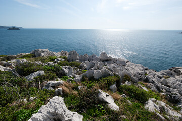 白い岩と青い海が美しい白崎海岸