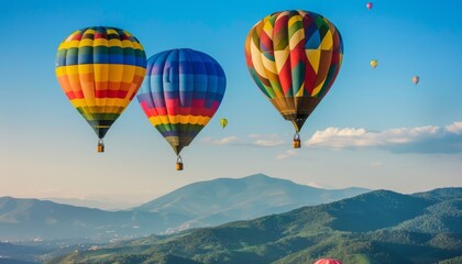 Naklejka premium Spectacular Elevations: Vibrant Hot-Air Balloons Soaring Above the Mountain --ar 7:4