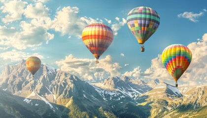 Naklejka premium Vibrant Skies: A Stunning Display of Hot-Air Balloons Soaring Over the Mountains