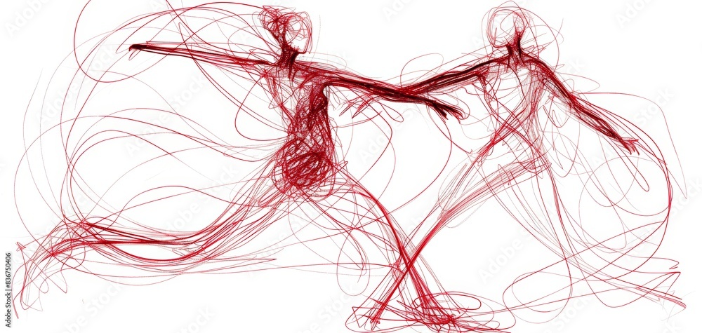 Poster hand-drawn sketch of two red dancers performing in motion. generative ai
