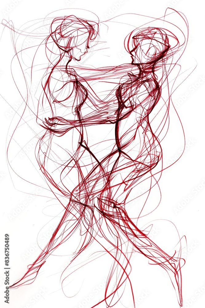 Poster red line hand sketch of two dancers in motion. generative ai