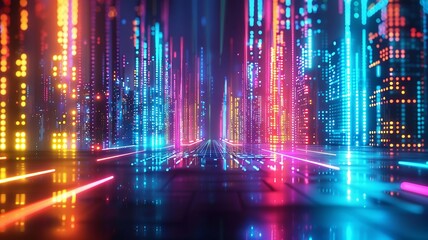 Colorful neon lights reflecting on a wet street in a city