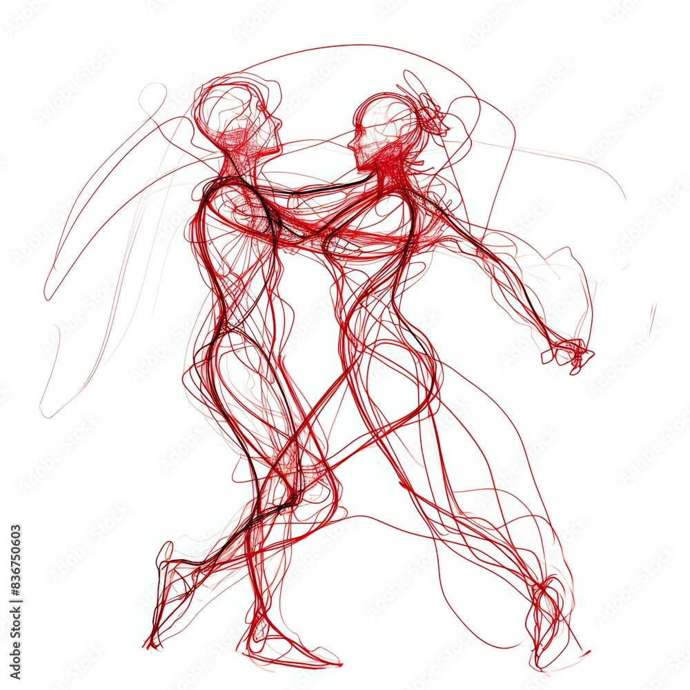 Poster red line sketch of two dancers in motion. generative ai