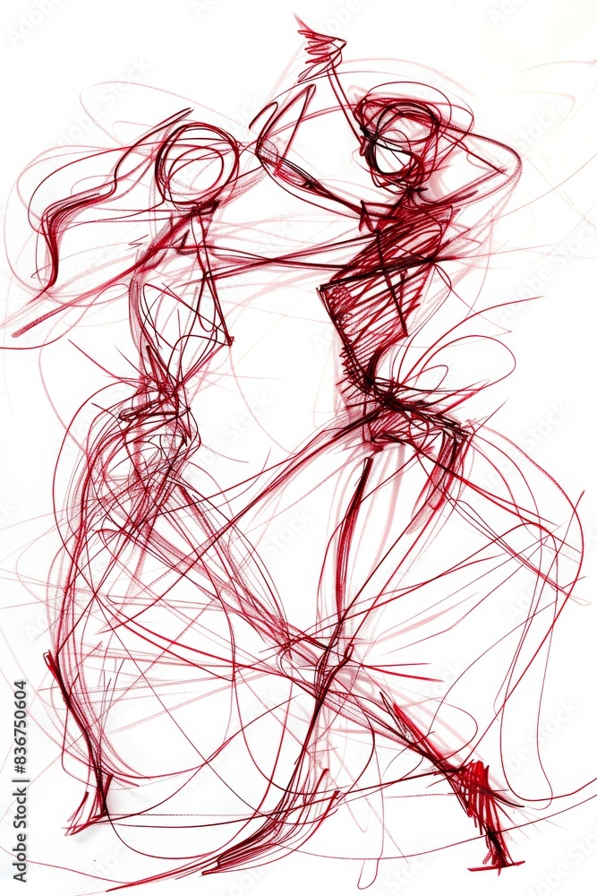 Poster hand drawn sketch of two red dancers performing in motion. generative ai