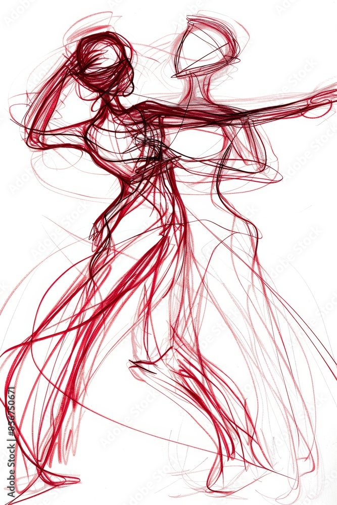Poster red line sketch of two dancers in motion. generative ai