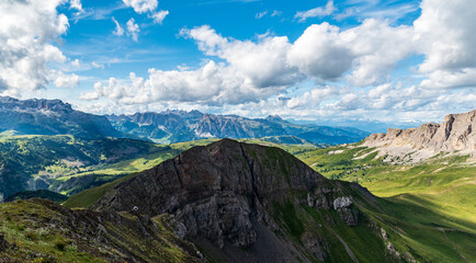 Nearer mostly rocky peaks of Dolomites and Zillertal Alps with glaciers on the background from Col di Lana mountain peak in the Dolomites