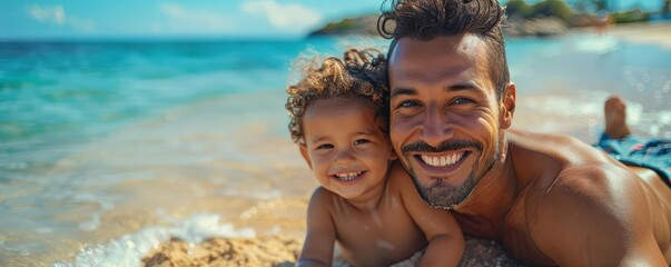 Fathers Day Beach Day Focus on a father and child playing on the beach, both smiling and looking at the camera, with a sandy beach background, empty space center for text