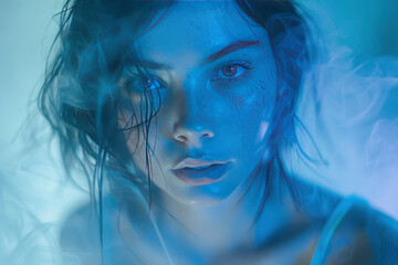 Fototapeta premium young beautiful girl in blue grainy gradient on blue background. analog film effect.