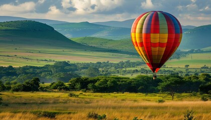 Fototapeta premium Glorious Dawn: Hot Air Balloon Journey over Magaliesburg Valley in Gauteng