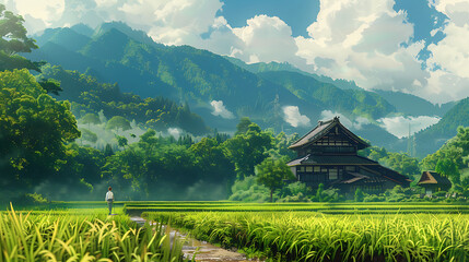 anime lofi style japanese farmer with nature landscape background