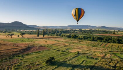 Obraz premium Vibrant Journey: A mesmerizing view of a colourful hot air balloon soaring over lush fields in the M