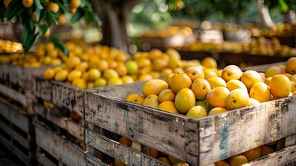 Wooden crates filled with golden mangoes, stacked high and prepared for transport in a tropical farm's shipping zone