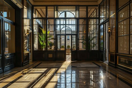 perspective of elegance Tall black steel framed BEAUX ARTS style, reflextion, mood - Powered by Adobe