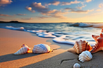 Obraz premium Seestern und Muscheln am Strand