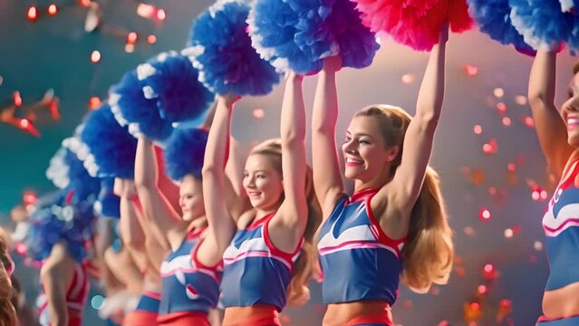 Young cheerleaders compete in the cheerleading competition, athletes perform on stage, and girls hold pompons.