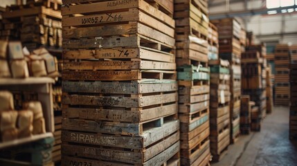 Stacked wooden crates with company branding, filled with artisanal chocolates, in a shipping facility