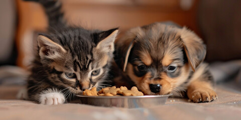 A close-up of a kitten and puppy enjoying their meal on an isolated solid background, positioned in the corner