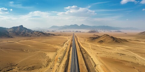 Panoramic view of a desert featuring a high-speed rail powered by renewable energy, connecting distant regions efficiently.
