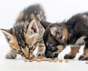 Obraz premium A close-up of a kitten and puppy eating together on an isolated solid background, set in the corner of the image