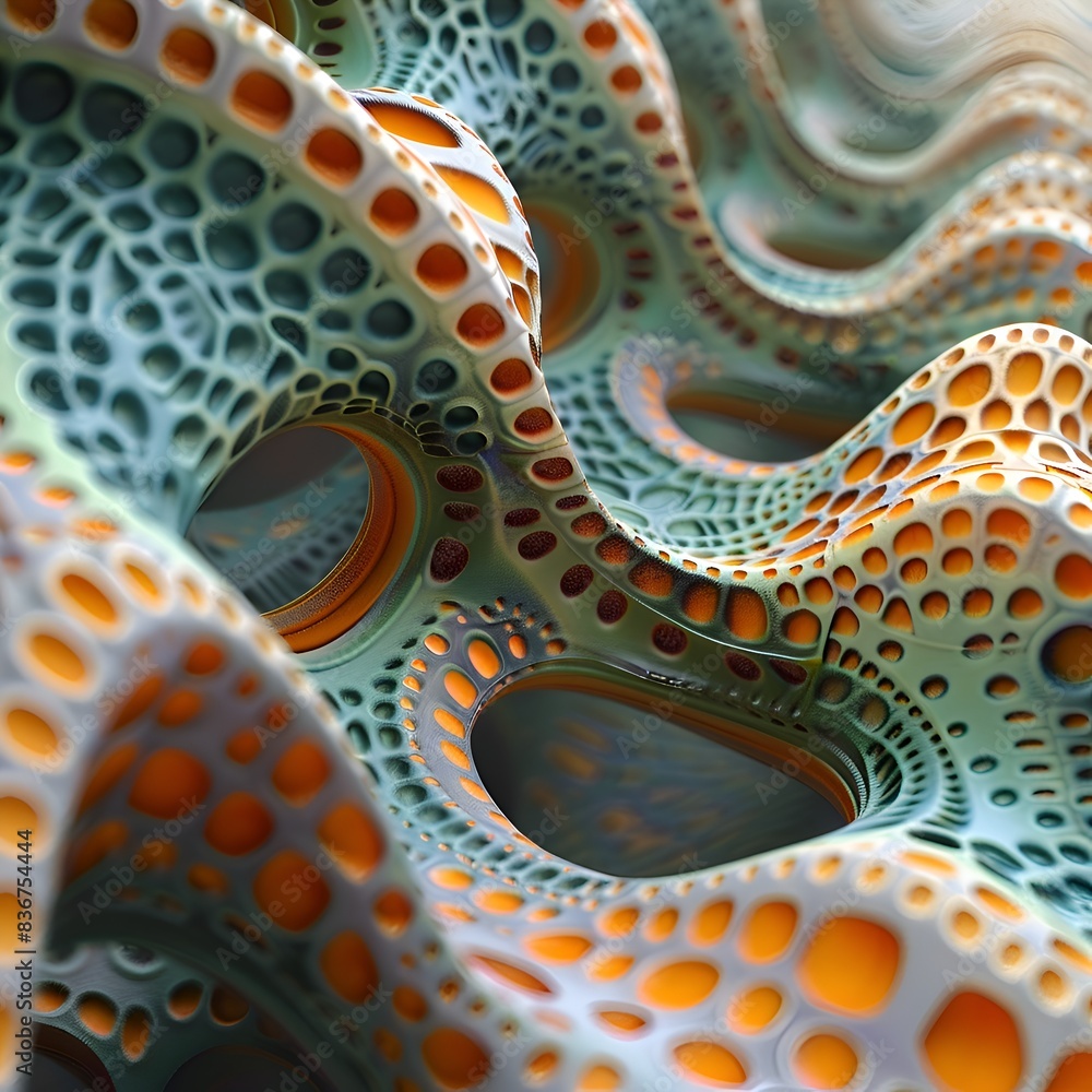 Poster A colorful, abstract design with a lot of dots and swirls. The design is made up of a combination of green and orange colors