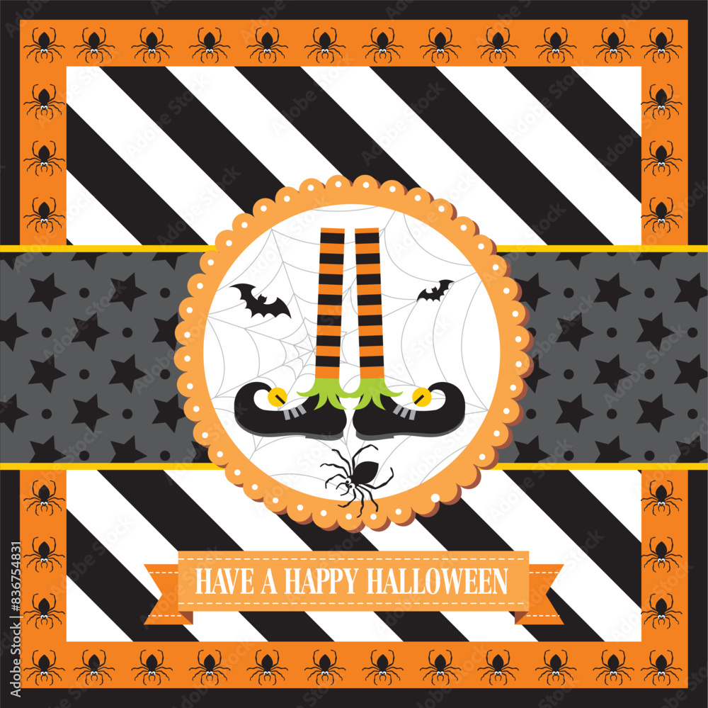 Wall mural Happy Halloween card design with elfish boots, spider and bat