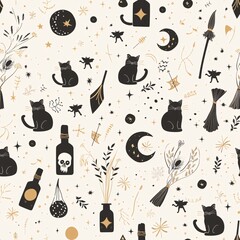 A seamless pattern with witchcraft symbols like black cats, brooms, and enchanted amulets
