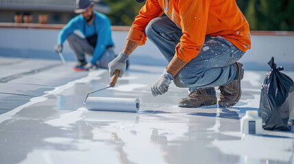Hand painted gray flooring with paint rollers for waterproof, reinforcing net, Repairing waterproofing deck flooring.