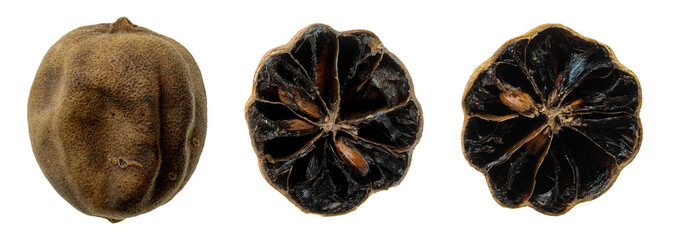 Persian dried whole and halved limes (limu omani) isolated on transparent background.