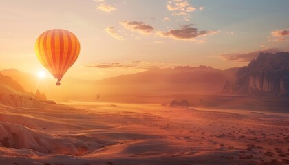 Fototapeta premium Dawn Exploration: Hot Air Balloon Adventure over Desert Terrain