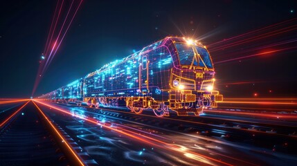 A futuristic train illuminated with vibrant digital lights speeds along glowing tracks at night. The essence of advanced technology and high-speed transportation in a dynamic, neon-lit environment