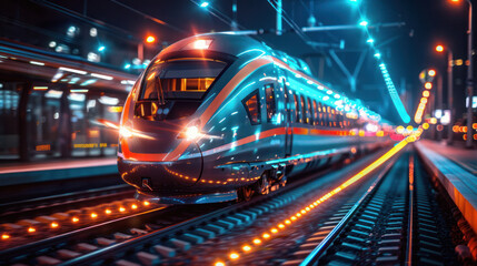 A sleek, modern high-speed train illuminated with vibrant blue and orange lights speeds through a city station at night. The essence of advanced technology and rapid urban transportation