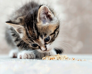 A close-up of a kitten enjoying its meal on an isolated solid background, positioned in the corner
