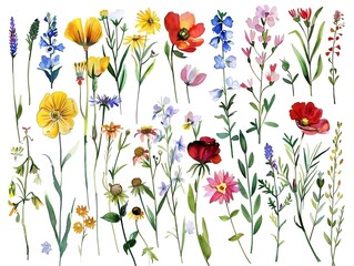 Fototapeta premium Wildflowers collection, watercolor painting, summer hues, wet technique, white background, arranged with spacing, front view, natural and vivid