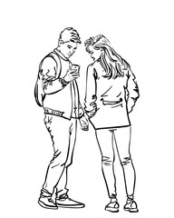 Young couple, man showing his girlfriend something on the screen of his smartphone, Vector sketch, Hand drawn illustration