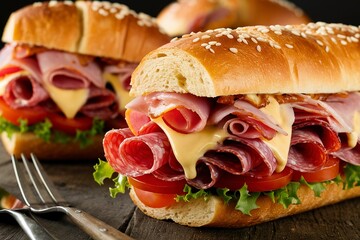 Sub Sandwiches with salami, ham, cheese, tomatoes and lettuce