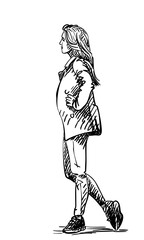Young woman with long flowing hair in a jacket and tight pants, standing with arms akimbo with one foot on the toe like a dancer, Side view, Vector sketch, Hand drawn illustration
