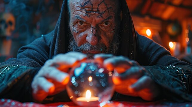 A mysterious fortune teller with facial tattoos intensely gazes into a glowing crystal ball, surrounded by dim candlelight, creating a mystical and enigmatic atmosphere, AI-generated