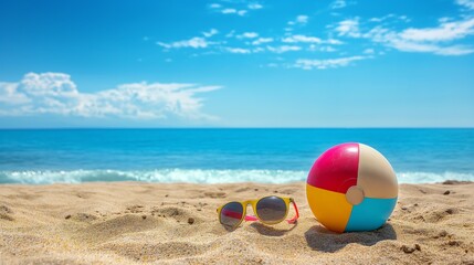 Obraz premium Colorful Beach Ball and Sunglasses on Sandy Shore with Blue Ocean Background