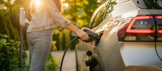 woman is plugging in electric car into a charging station,Charge EV battery at charging point, Sustainable energy. Electric vehicle infrastructure