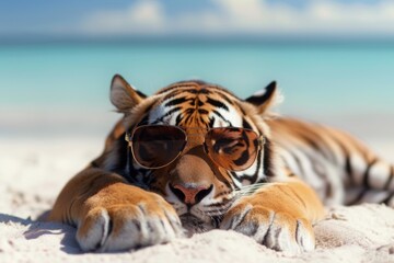 Fototapeta na wymiar Tiger with sunglasses on the beach. AI generative art