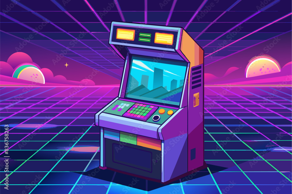 Aufkleber old arcade machine with a retro style screen, vaporwave arcade cabinet with a holographic game scree
