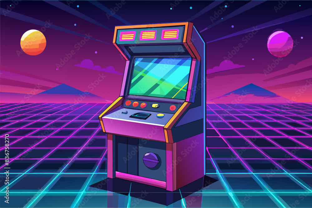 Leinwandbilder old arcade machine with a retro style screen, Vaporwave arcade cabinet with a holographic game screen and neon joystick buttons