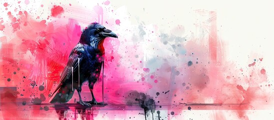 watercolor illustration of the black bird on pink background Generative AI