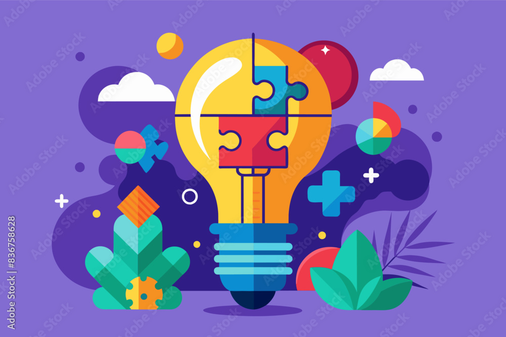 Poster a light bulb with puzzle pieces in it, playful vector artworklightbulb with a puzzle piece inside, s
