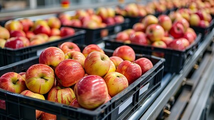 Packed crates of apples with shipping labels, sitting on a conveyor belt in a distribution center
