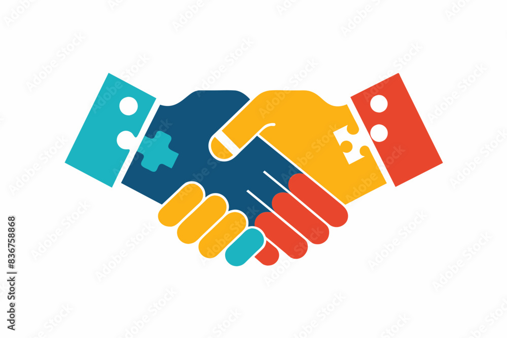 Poster minimalist vector artworkhandshake icon composedpuzzle pieces, signifying collaboration and teamwork