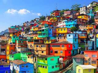 Colorful buildings stacked on the hillside of a Brazilian favela in vibrant hues and patterns. - Powered by Adobe