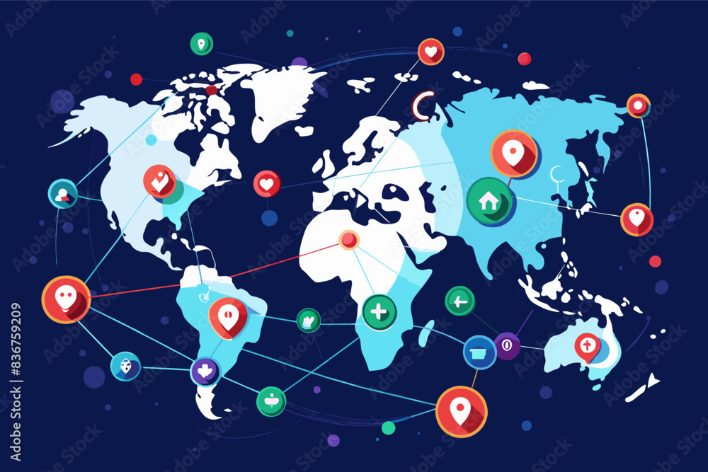 Fototapete a world map with social icons around it, futuristic vector design network map showcasing connections