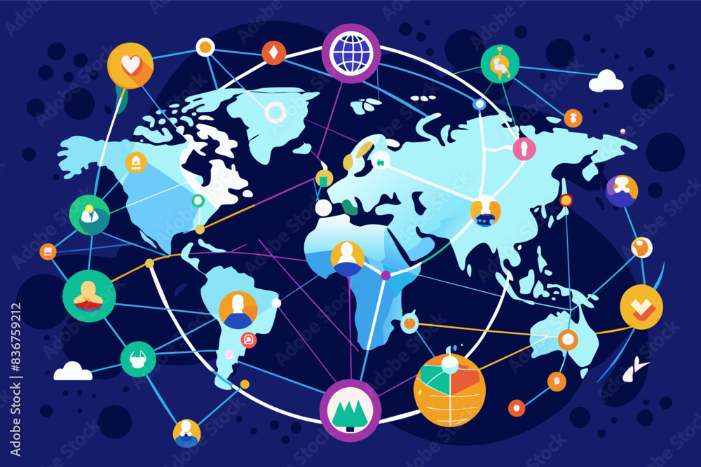 Fototapete a world map with social icons around it, futuristic vector design network map showcasing connections