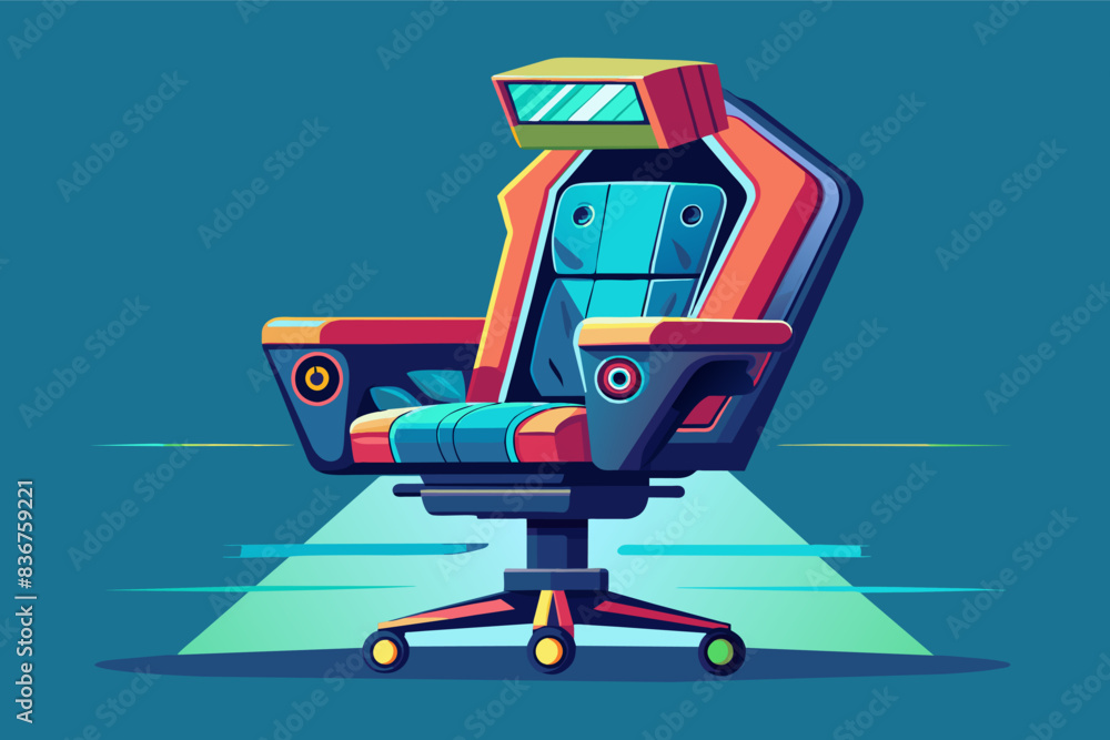 Poster a chair with a computer on it, Futuristic vector designsmart office chair that automatically adjusts to posture and comfort levels